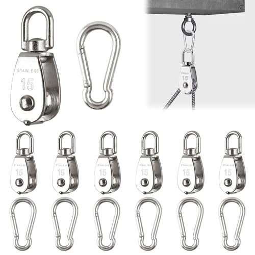 M15 Umlenkrolle, 6 Stück Umlenkrolle M15 & 6 Stück Karabiner M4, Edelstahl Umlenkrollen für Drahtseile Seile Bis 6 mm Durchmesser, Tragkraft 35kg (Silber) Rolle für Sonnensegel, Fitness, Seilwinde von QITIXI:OU