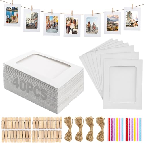 QITIXI:OU 40 Stück Fotogirlande - 10x15 cm Fotoleine mit Klammern, Papier Bilderrahmen mit 40 Stück Holzklammern, DIY Selbstklebende Bilderrahmen 6 Zoll für Geburtstag Hochzeit Party Wand Deko (Weiß) von QITIXI:OU