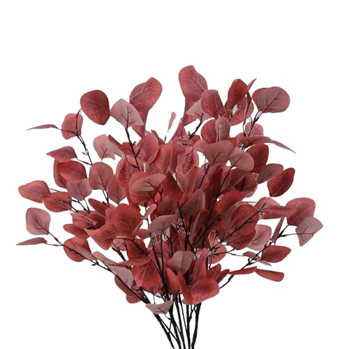 QITIXI:OU 5 Stück Set Künstliche Eukalyptus Zweige 90 cm, Eukalyptusbaum mit Dunkelrote Blätter, Herbstzweige, Kunstpflanze Wie Echt für Blumengesteck, Home Dekoration, Tischdeko, Herbst Deko von QITIXI:OU