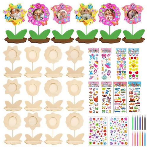 QITIXI:OU Bilderrahmen Holz Set zum Bemalen - 12 Stück Holzblumen zum Bemalen, 3D Blumen Bastelset Kindergeburtstag für DIY-Bastelarbeiten, Heimdekoration mit Aquarellstifte und 3D Glitzersticker von QITIXI:OU