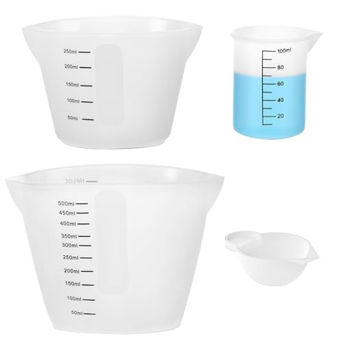 Messbecher aus Silikon - 4er 10/100/250/500ml Silikon-Messbecher Messbecher Epoxidharz Epoxidharz Mischbecher mit Skala Clear, für DIY Schmuckherstellung, Basteln, Epoxidharz Gießformen Labor Küche von QITIXI:OU
