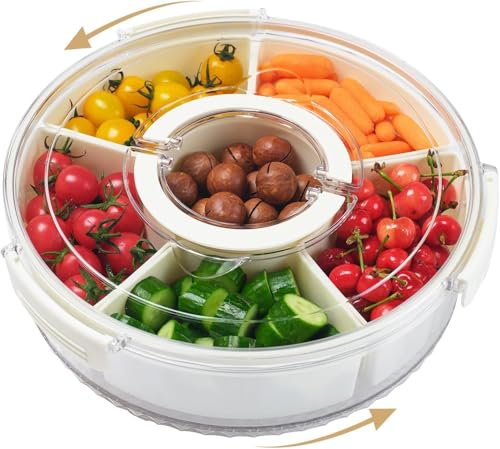 Snackbox mit Fächern - 28cm Snackteller mit Deckel und Griff, Rund Snack Spinner mit Verschlussdeckel, 6 Fächern Snackteller Transportbox Aufbewahrungsbox für Party Familien, Snacks, Nüsse, Obst von QITIXI:OU