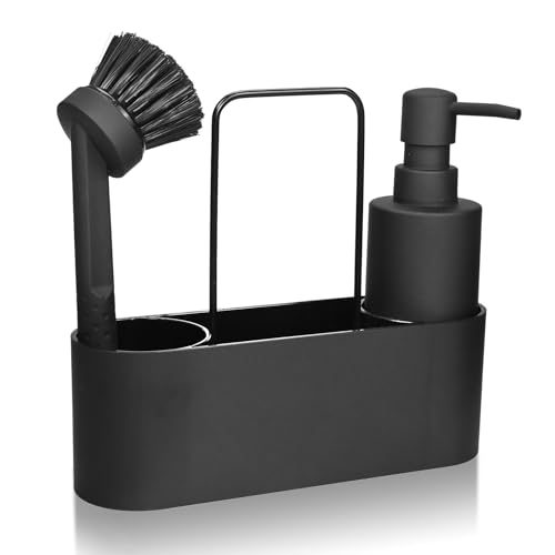 Spülmittelspender Küche Schwarz - Seifenspender Küchen Organizer Set mit Seifenspender Spülbürste Spültuchhalter, Spülmittelspender, Soap Dispenser SetSeifenspender Küche Set Schmal für Küchen und Bad von QITIXI:OU
