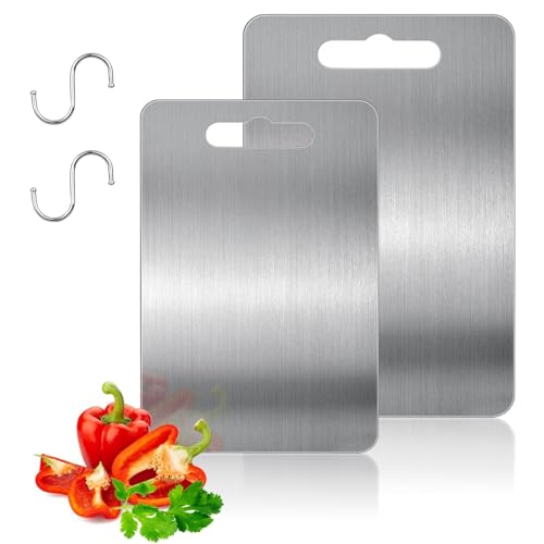 Titan Schneidebrett, 2er-Pack Silber Erstklassige 304 Edelstahl Schneidebrett Und 2 Stück Haken, Küchenbrett Cutting-Board für Fleisch, Obst und Gemüse, Leicht zu Reinigen(34 x 23cm+25 x 15cm) von QITIXI:OU