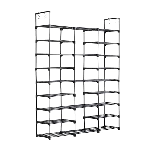 QIUFEN Schuhregal mit 9 Ebenen, Offener Standregal Schuhschrank mit Haken, Schuhregal platzsparend, Schuhaufbewahrung aus Metall, für Eingang, Ankleidezimmer und Flur, 127 x 30 x 157 cm, Schwarz QIUFEN Schuhregal mit 9 Ebenen, Offener Standregal Schuhschrank mit Haken, Schuhregal platzsparend, Schuhaufbewahrung aus Metall, für Eingang, Ankleidezimmer und Flur, 127 x 30 x 157 cm, Schwarz von QIUFEN