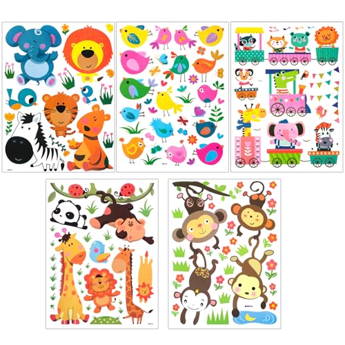 5 Blatt Fensteraufkleber Dschungel Tiere Selbstklebend für Fensterdeko, Cool Frühling Urwald Tiere Jungle Zoo Fensterbilder Fenstersticker Fensterfolie für Kinder Junge Schlafzimmer Kinderzimmer Deko von QIUJUNDE
