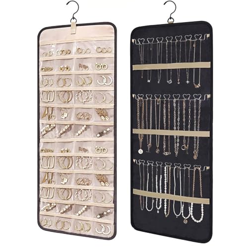QIUPFGUT Hängende Schmuck Organizer, Frisiertisch Kleiderschrank Schmuckaufbewahrung, Schmuck Organizer Hängend, Hängende Ohrringe Aufbewahrungstaschen, Aufbewahrungsrolle mit Aufhänger von QIUPFGUT