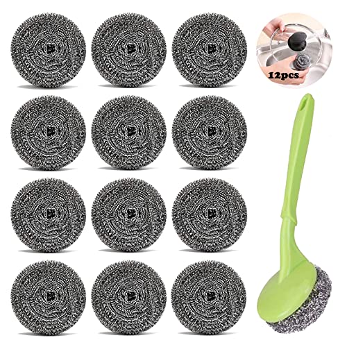 Scheuerschwamm Edelstahl 12 Stück Scheuerspirale Topfreiniger Stainless Steel Sponges Topfreiniger mit 1 Griff Stahlwolle Spüler für Löst Hartnäckige Flecken In der Küche von SZQIUNUBI