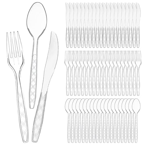 Plastikbesteck, 150 Stück Party Besteck Plastik Wiederverwendbaren Plastikbesteck Set Plastiklöffel Plastikgabeln Plastik Messer Für Familie Partys Geburtstagsfeiern Hochzeiten, Transparent Plastikbesteck, 150 Stück Party Besteck Plastik Wiederverwendbaren Plastikbesteck Set Plastiklöffel Plastikgabeln Plastik Messer Für Familie Partys Geburtstagsfeiern Hochzeiten, Transparent von QIWEIS