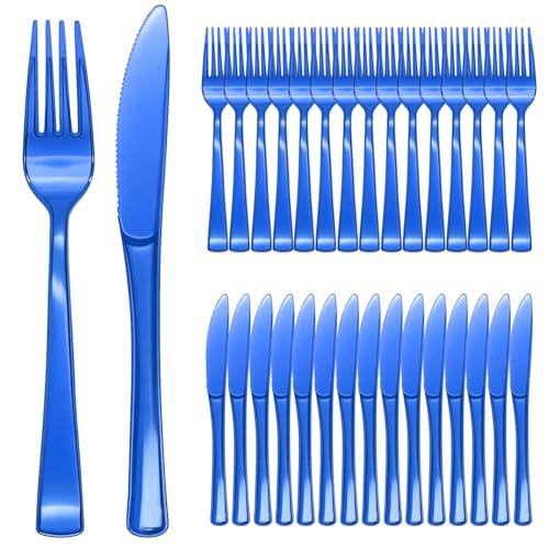 Wiederverwendbaren besteck Set 100 Stück Robustes besteck Party Besteck Je 50 Messer Gabel, Blau von QIWEIS
