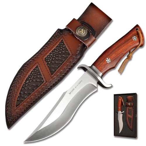 QIXENIO M390 Jagdmesser aus Stahl, 27,9 cm feste Klinge mit Lederscheide, Full-Tang-Design und Holzgriff, Survival-taktisch für Camping & Outdoor von QIXENIO