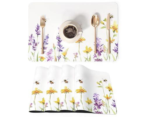 QIYI Kunstleder Platzsets 4er Set – PU Tischsets 45×30 cm im Frühling & Sommer Landhausstil, wasserfest, hitzebeständig, rutschfest, für Küche, Esstisch, Innen & Außen, Aquarell-Wildblumen und Bienen QIYI Kunstleder Platzsets 4er Set – PU Tischsets 45×30 cm im Frühling & Sommer Landhausstil, wasserfest, hitzebeständig, rutschfest, für Küche, Esstisch, Innen & Außen, Aquarell-Wildblumen und Bienen von QIYI