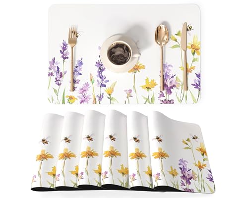 QIYI Kunstleder Platzsets 6er Set – PU Tischsets 45×30 cm im Frühling & Sommer Landhausstil, wasserfest, hitzebeständig, rutschfest, für Küche, Esstisch, Innen & Außen, Aquarell-Wildblumen und Bienen QIYI Kunstleder Platzsets 6er Set – PU Tischsets 45×30 cm im Frühling & Sommer Landhausstil, wasserfest, hitzebeständig, rutschfest, für Küche, Esstisch, Innen & Außen, Aquarell-Wildblumen und Bienen von QIYI