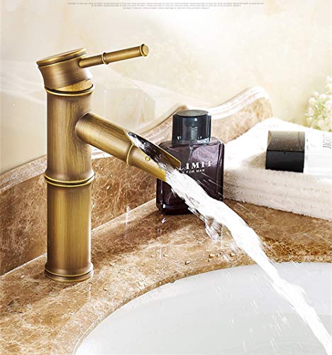 Retro Messing Mischbatterie Wasserhahn Bambus Design Wasserfall Badezimmer Waschbecken Kalt- und Warmwasser Wasserhahn, Low von QIYOU