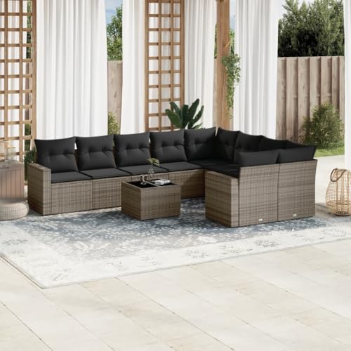 QJBSAVVA 10-TLG. Garten-Sofagarnitur Grau Poly Rattan Ecksofa mit Stauraum & Glas-Tisch Modernes modular Design mit Kissen für Balkon Terrasse und Garten von QJBSAVVA