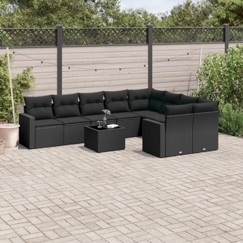 QJBSAVVA 10-TLG. Garten-Sofagarnitur Poly Rattan Schwarz mit Stauraum, gemütliche Outdoor-Sofa-Lounge mit Glas-Tisch, 110 kg Belastbarkeit, modular für Garten, Terrasse, Balkon und kleine Balkone von QJBSAVVA