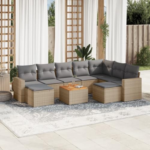 QJBSAVVA 10-TLG. Gartenlounge Set Beige Poly Rattan Ecksofa Mittelsofa Couchtisch 55x55 Akazienholz Beistelltisch abnehmbare Kissen platzsparend modular für Balkon Terrasse Innenhof von QJBSAVVA