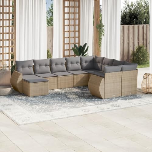QJBSAVVA 10-TLG. Gartensofa Set Beige PE-Rattan Ecksofa mit Mittelsofa Armlehnen & Couchtisch abnehmbare Kissen Robustes Design für Balkon Terrasse und Garten von QJBSAVVA