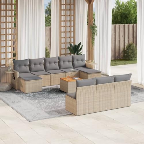 QJBSAVVA 11-TLG. Gartenlounge Set Beige Poly Rattan Sofagarnitur mit Akazienholz Tisch Outdoor Couch modular für Terrasse Balkon und Patio QJBSAVVA 11-TLG. Gartenlounge Set Beige Poly Rattan Sofagarnitur mit Akazienholz Tisch Outdoor Couch modular für Terrasse Balkon und Patio von QJBSAVVA