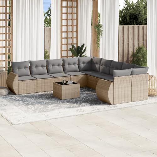 QJBSAVVA 11-TLG. Gartensofa Set Beige Poly Rattan Ecksofa & Mittelsofa mit waschbaren Kissen, Couchtisch aus Hartglas, modular für Terrasse Balkon oder kleine Gärten von QJBSAVVA