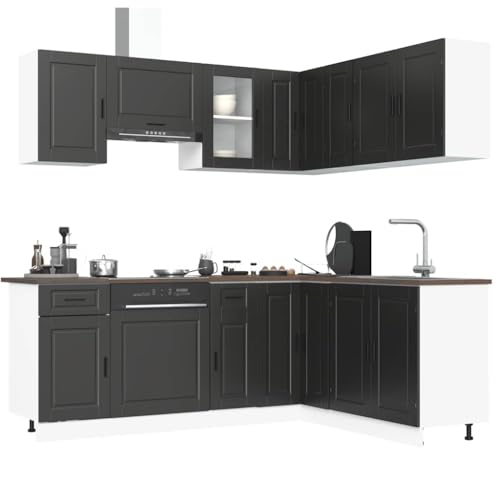 QJBSAVVA 11-teilige Küchenzeile Porto Schwarz Holzwerkstoff und Glas Modernes Design mit Viel Stauraum für Küchenausstattung von QJBSAVVA