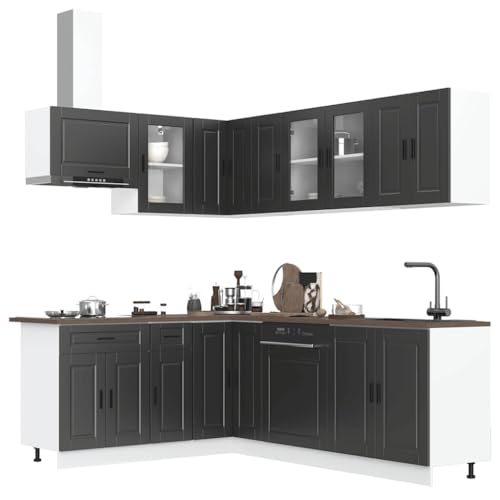 QJBSAVVA 11-teilige Küchenzeile Porto Schwarz Holzwerkstoff und Glas mit viel Stauraum und verstellbaren Füßen für Moderne Küchen von QJBSAVVA
