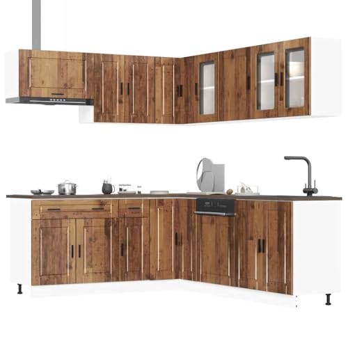 QJBSAVVA 11-teilige Küchenzeile Porto in Altholz-Optik aus Holzwerkstoff mit Glas Küchenschrank-Set inklusive Spülenunterschrank Hängeschränken und Geschirrspülerblende für Moderne Küchen von QJBSAVVA