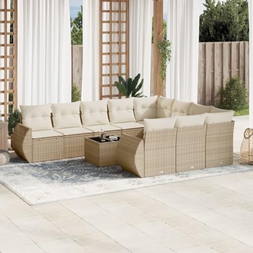 QJBSAVVA 11-teiliges Gartenmöbel-Set Beige Poly Rattan Ecksofa Mittelsofa mit Armlehnen Glastisch gepolsterte Kissen modular wetterfest für Garten Balkon Terrasse QJBSAVVA 11-teiliges Gartenmöbel-Set Beige Poly Rattan Ecksofa Mittelsofa mit Armlehnen Glastisch gepolsterte Kissen modular wetterfest für Garten Balkon Terrasse von QJBSAVVA