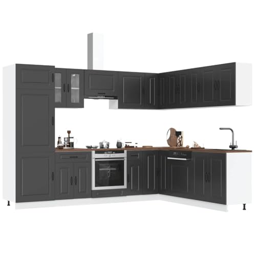 QJBSAVVA 14-TLG. Küchenschrank-Set Kalmar Schwarz Holzwerkstoff und Glas Modernes Design mit Viel Stauraum für Küchenausstattung Spülenunterschrank und Hängeschränke inklusive von QJBSAVVA