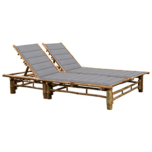 QJBSAVVA 2 Personen Sonnenliege aus Bambus mit Verstellbarer Rückenlehne und grauen Polyester Kissen 200 x 130 cm Gartenliege für Terrasse Balkon und Strand von QJBSAVVA