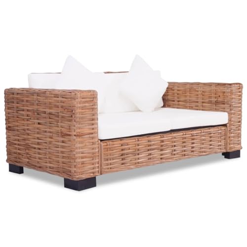 QJBSAVVA 2-Sitzer Sofa aus Naturrattan mit Mangoholzrahmen Cremeweiße waschbare Kissen Bequem & Langlebig für Wohnzimmer Balkon und Innenbereich 157 x 80 x 64 cm von QJBSAVVA