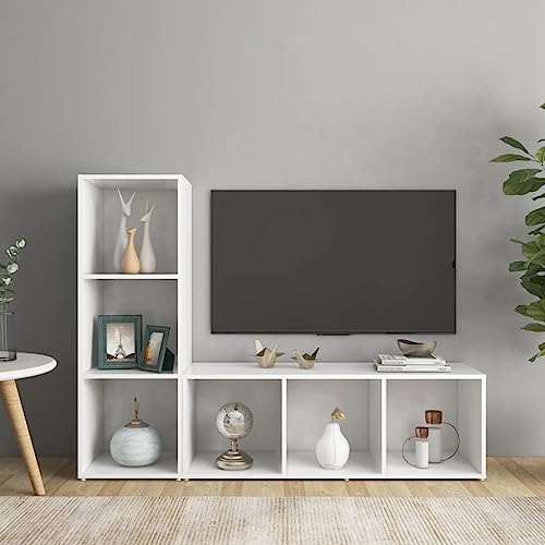 QJBSAVVA 2 Stück TV Schrank Weiß 107x35x37 cm Aus Holzwerkstoff Modernes Design Mit 3 Fächern Flexibel Horizontal oder Vertikal Aufstellbar für Wohnzimmer von QJBSAVVA