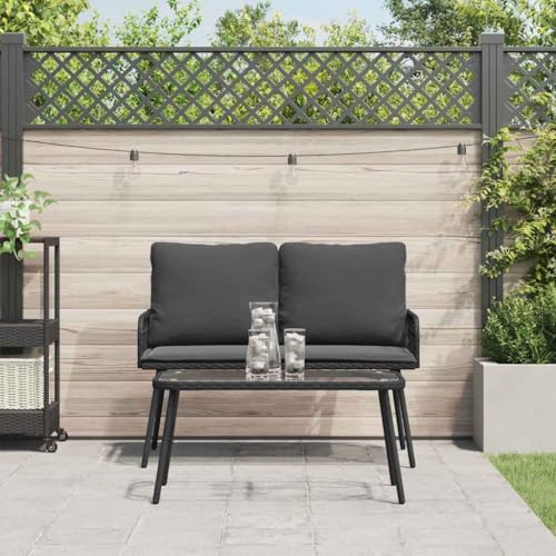 QJBSAVVA 2-TLG. Garten-Essgruppe aus schwarzem Poly-Rattan mit Kissen Modernes Design Robust & Wetterfest für Balkon Terrasse oder Garten 106 x 51 x 90 cm von QJBSAVVA