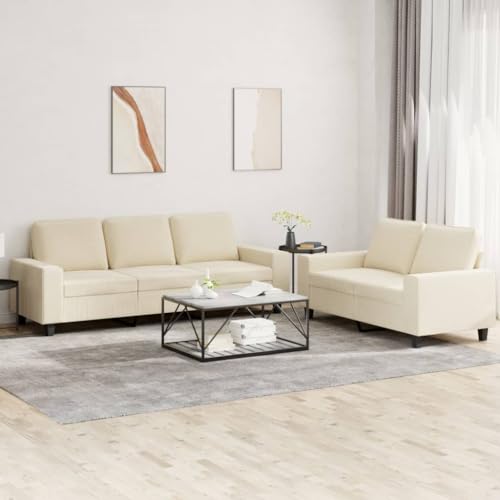 QJBSAVVA 2 und 3 Sitzer Sofa Garnitur Creme Stoff Modernes Design mit Dicker Polsterung Robustes Gestell aus Metall und Sperrholz Bequem für Wohnzimmer Balkon und Gästezimmer von QJBSAVVA