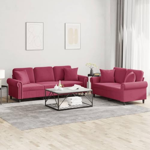 QJBSAVVA 2 und 3 Sitzer Sofagarnitur Weinrot Samt mit Kissen Bequemes Sofa für Wohnzimmer Schlafsofa und Loungebereich von QJBSAVVA