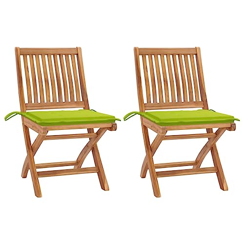 QJBSAVVA 2er Set Gartenstühle aus Massivholz Teak mit Hellgrünen Kissen Klappbare Outdoor Stühle für Balkon Garten und Camping 46.5 x 58 x 88 cm von QJBSAVVA