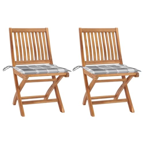 QJBSAVVA 2er Set Gartenstühle aus massivem Teakholz mit grauen Karomuster-Kissen Klappbare Outdoor-Stühle für Balkon Terrasse und Camping 46.5 x 58 x 88 cm QJBSAVVA 2er Set Gartenstühle aus massivem Teakholz mit grauen Karomuster-Kissen Klappbare Outdoor-Stühle für Balkon Terrasse und Camping 46.5 x 58 x 88 cm von QJBSAVVA