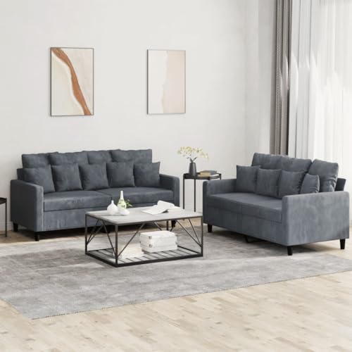 QJBSAVVA 2er Sofagarnitur Dunkelgrau Samt 2 Sitzer Sofa Set mit Kissen Modernes Design Robustes Gestell aus Metall & Sperrholz Bequem für Wohnzimmer & Gästezimmer von QJBSAVVA