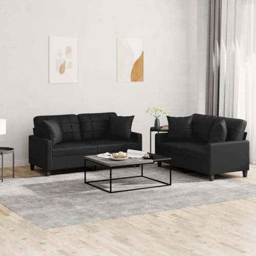 QJBSAVVA 2er Sofagarnitur Schwarz Kunstleder 2-Sitzer Sofa Set mit Kissen Modernes Design Robust & Bequem für Wohnzimmer Balkon und Gästezimmer von QJBSAVVA