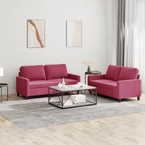 QJBSAVVA 2er Sofagarnitur Weinrot Samt 2-Sitzer Sofa Set mit Kissen Robustes Metallgestell & Bequeme Polsterung für Wohnzimmer Balkon und Gästezimmer von QJBSAVVA