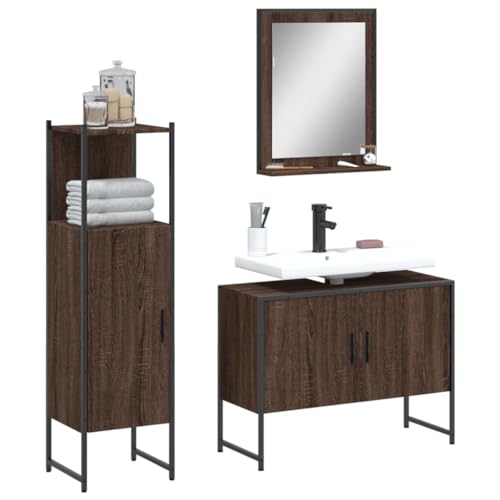 QJBSAVVA 3-TLG. Badmöbel-Set Braun Eichen-Optik mit Waschbeckenunterschrank Badezimmerschrank und Spiegel 80 x 33 x 60 cm Stauraum & Stabiles Design für Bad & WC von QJBSAVVA