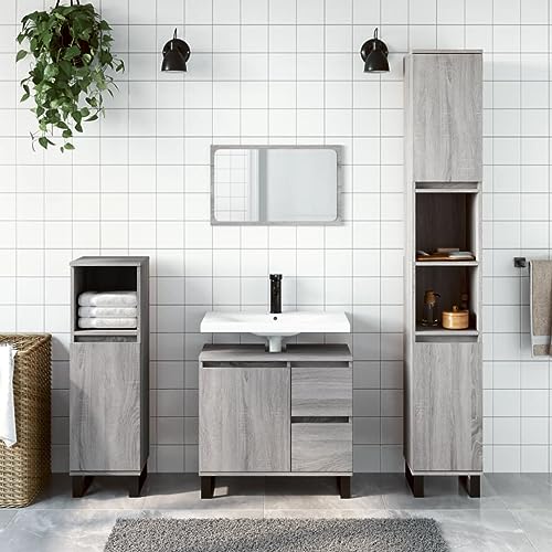 QJBSAVVA 3-TLG. Badmöbel-Set Grau Sonoma aus Holzwerkstoff mit Eisenbeinen Badezimmerschrank hoch & niedrig + Waschbeckenunterschrank Modernes Design & Viel Stauraum für Bad WC oder Flur QJBSAVVA 3-TLG. Badmöbel-Set Grau Sonoma aus Holzwerkstoff mit Eisenbeinen Badezimmerschrank hoch & niedrig + Waschbeckenunterschrank Modernes Design & Viel Stauraum für Bad WC oder Flur von QJBSAVVA
