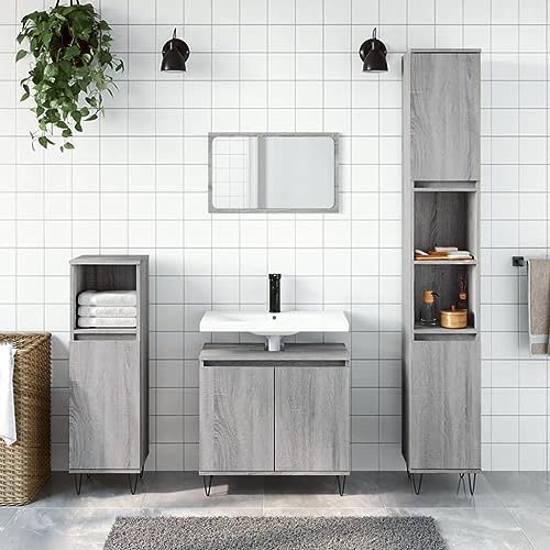 QJBSAVVA 3-TLG. Badmöbel-Set Grau Sonoma aus Holzwerkstoff mit Metallfüßen Waschbeckenunterschrank und Standschränken für Stauraum im Badezimmer Modernes Design QJBSAVVA 3-TLG. Badmöbel-Set Grau Sonoma aus Holzwerkstoff mit Metallfüßen Waschbeckenunterschrank und Standschränken für Stauraum im Badezimmer Modernes Design von QJBSAVVA