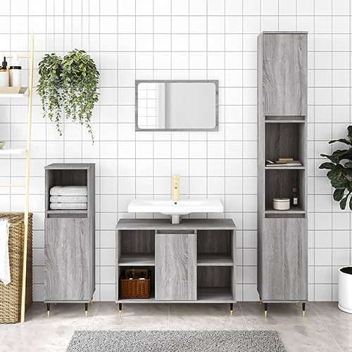 QJBSAVVA 3-TLG. Badmöbel-Set Grau Sonoma aus Holzwerkstoff und Eisen Modernes Design mit Viel Stauraum für Waschbeckenunterschrank und Badezimmerschränke 30 x 30 x 190 cm von QJBSAVVA