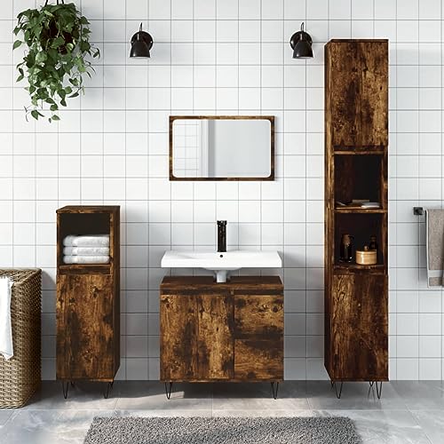 QJBSAVVA 3-TLG. Badmöbel-Set Räuchereiche aus Holzwerkstoff mit Eisenbeinen Badezimmerschrank und Waschbeckenunterschrank Modernes Design für Bad und WC von QJBSAVVA