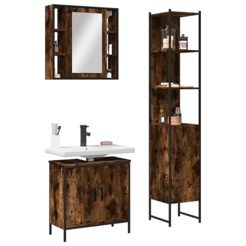 QJBSAVVA 3-TLG. Badmöbel-Set Räuchereiche aus Holzwerkstoff mit Spiegelschrank Waschbeckenunterschrank Badschrank Stilvolles Design mit viel Stauraum für Badezimmer von QJBSAVVA
