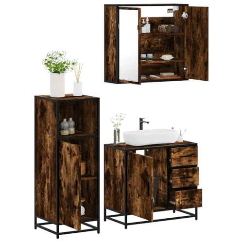 QJBSAVVA 3-TLG. Badmöbel-Set Räuchereiche aus Holzwerkstoff mit Spiegelschrank Waschbeckenunterschrank und Badezimmerschrank Stilvolles Design für modernes Badezimmer QJBSAVVA 3-TLG. Badmöbel-Set Räuchereiche aus Holzwerkstoff mit Spiegelschrank Waschbeckenunterschrank und Badezimmerschrank Stilvolles Design für modernes Badezimmer von QJBSAVVA