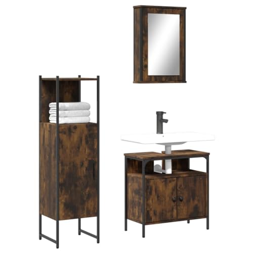 QJBSAVVA 3-TLG. Badmöbel-Set Räuchereiche aus Holzwerkstoff mit Spiegelschrank Waschbeckenunterschrank und Badezimmerschrank für optimale Aufbewahrung platzsparendes Design von QJBSAVVA