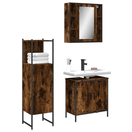 QJBSAVVA 3-TLG. Badmöbel-Set Räuchereiche aus Holzwerkstoff mit Spiegelschrank Waschbeckenunterschrank und Badschrank Stilvolles Design mit Viel Stauraum 60 x 30 x 120 cm von QJBSAVVA