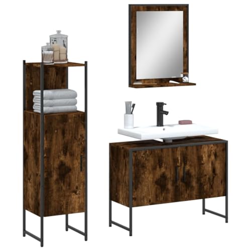 QJBSAVVA 3-TLG. Badmöbel-Set Räuchereiche mit Spiegel und Waschbeckenunterschrank Stilvolles Design & Großer Stauraum 80 x 33 x 60 cm Robustes Badschrank Set für Badezimmer von QJBSAVVA